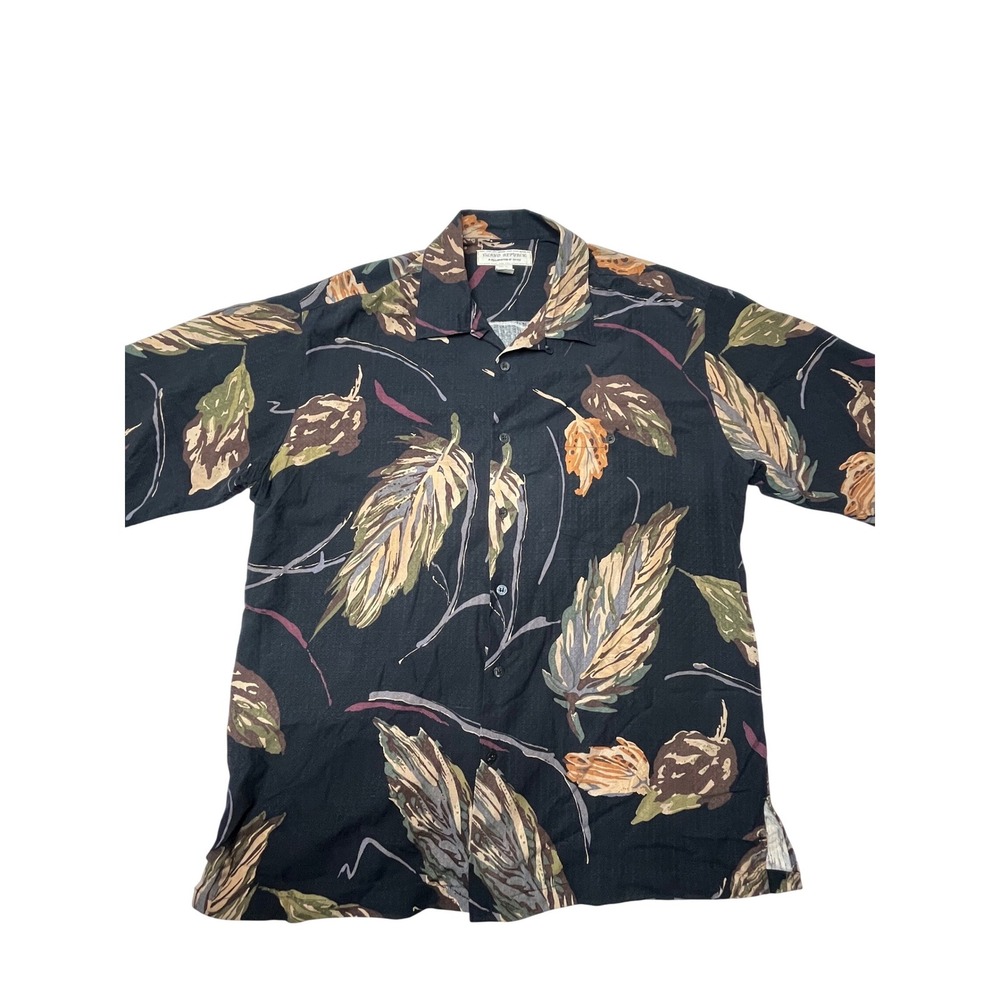 Island‎ Republic Mens XL Silk Hawaiian Shirt Black Tropical Leaf Camp Button Up